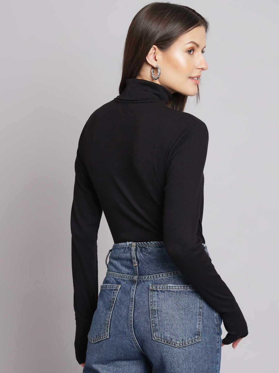 Acrylic Full Sleeve Polo-Neck Black Top