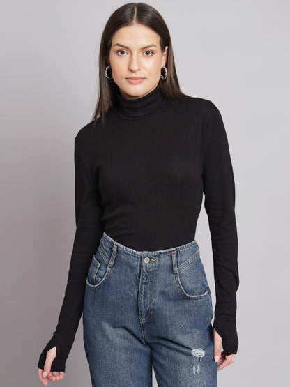 Acrylic Full Sleeve Polo-Neck Black Top