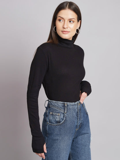 Acrylic Full Sleeve Polo-Neck Black Top