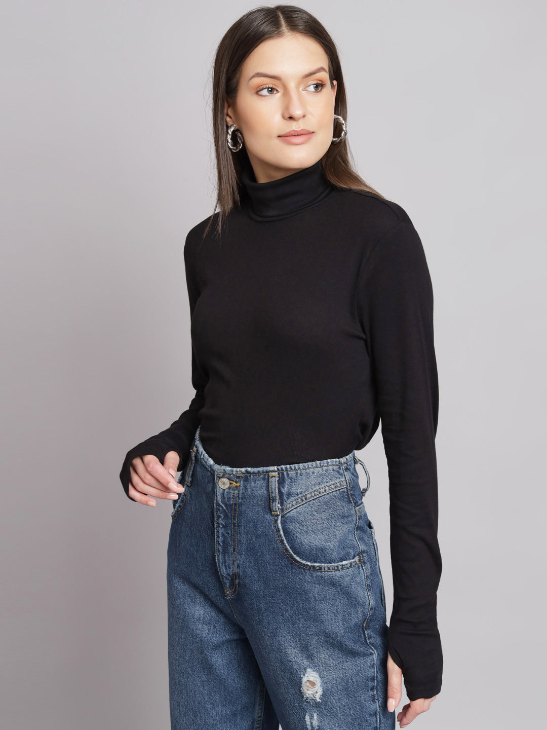 Acrylic Full Sleeve Polo-Neck Black Top