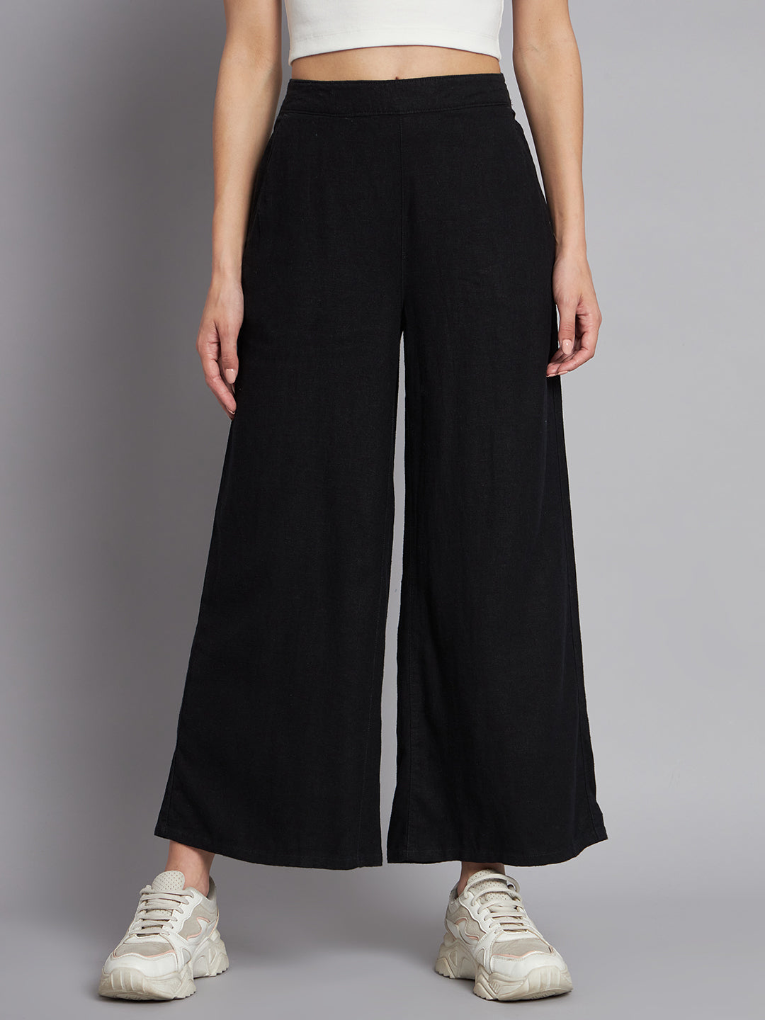 Flared fit Linen Solid Black wide-leg  Culottes