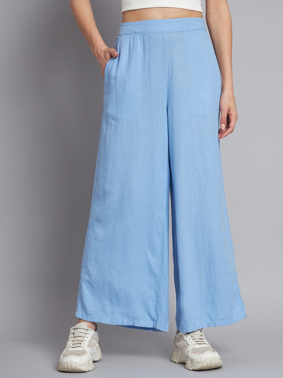 Flared fit Linen Solid Blue wide-leg  Culottes