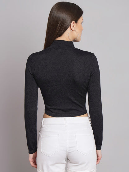 Viscose Full Sleeve High-Neck Black Top