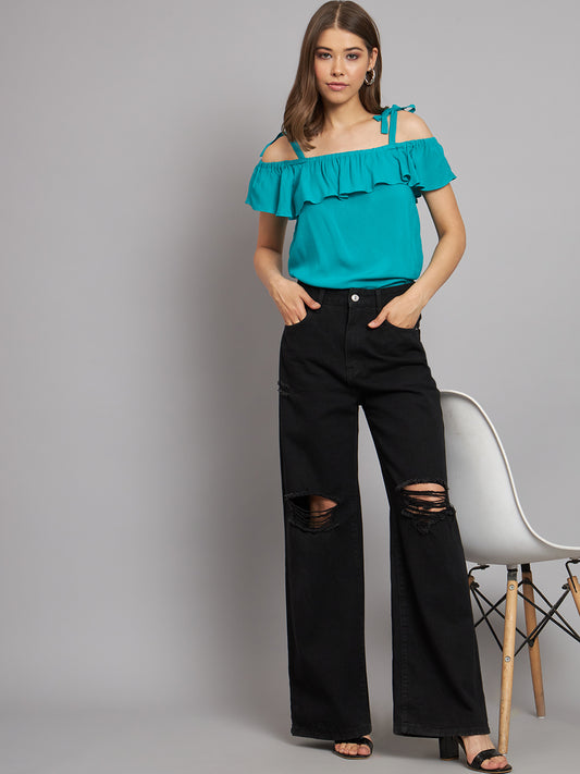 Viscose Open-Shoulder Solid Green Top