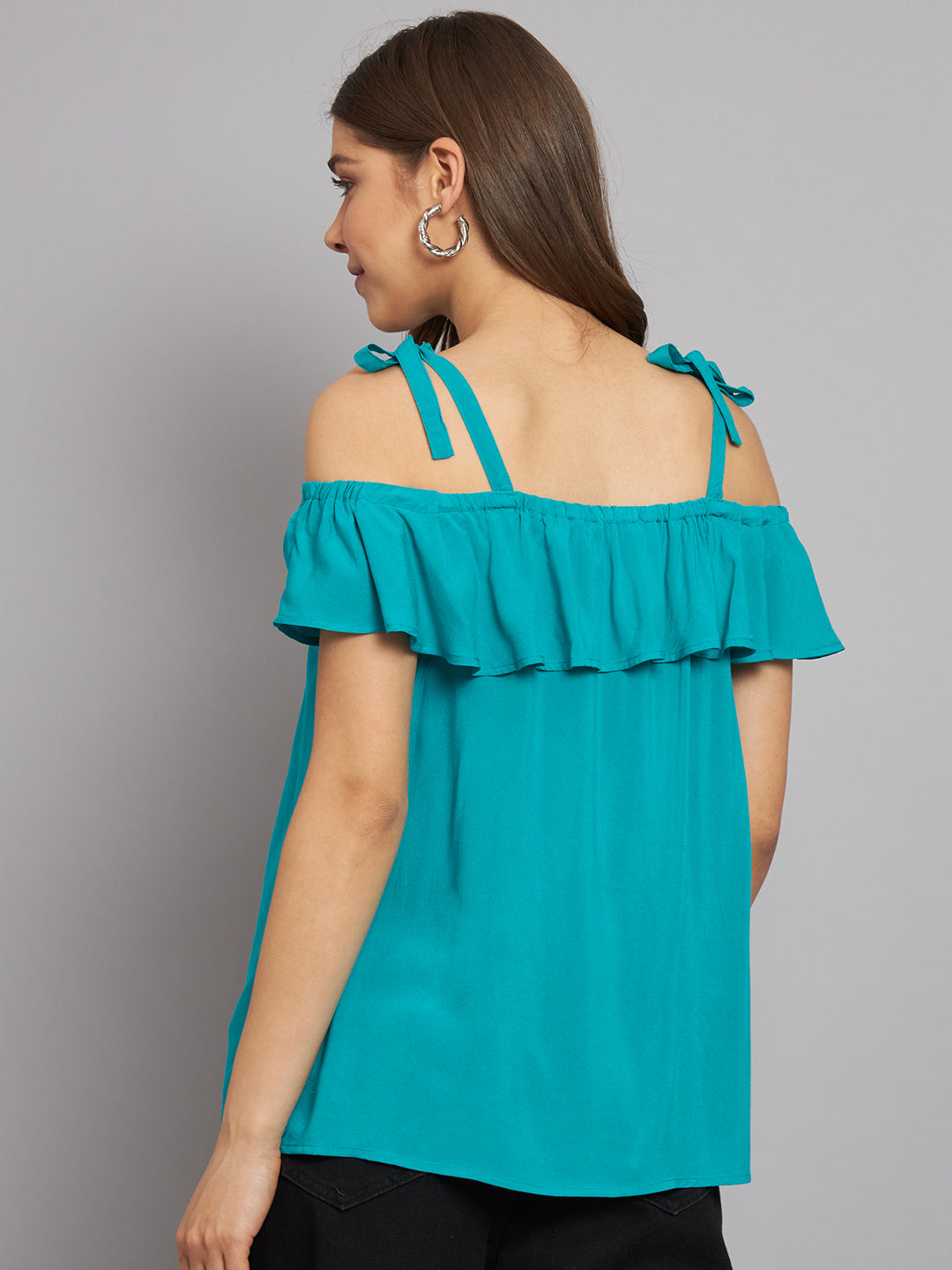 Viscose Open-Shoulder Solid Green Top