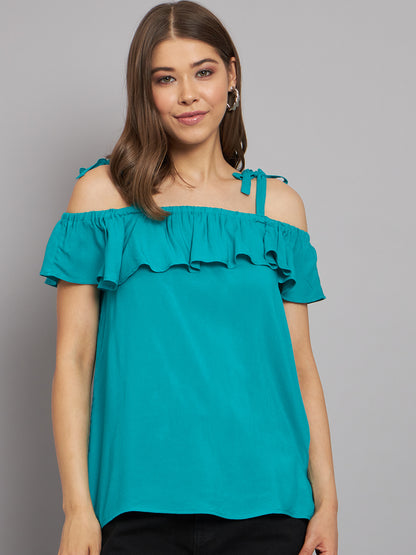 Viscose Open-Shoulder Solid Green Top