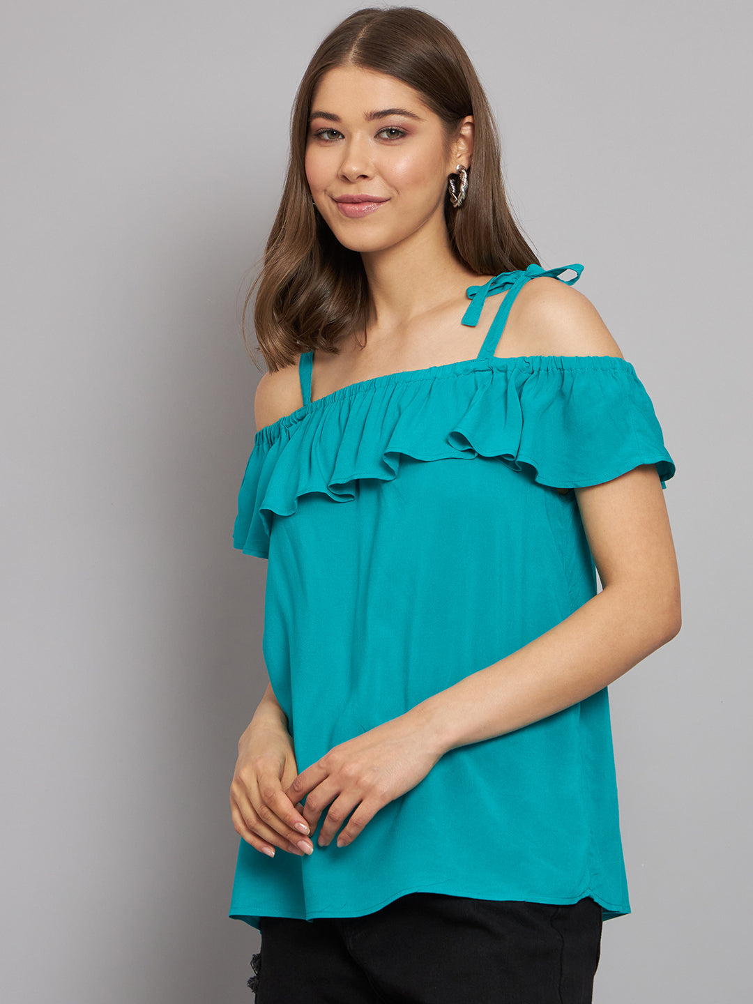 Viscose Open-Shoulder Solid Green Top