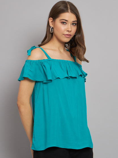 Viscose Open-Shoulder Solid Green Top