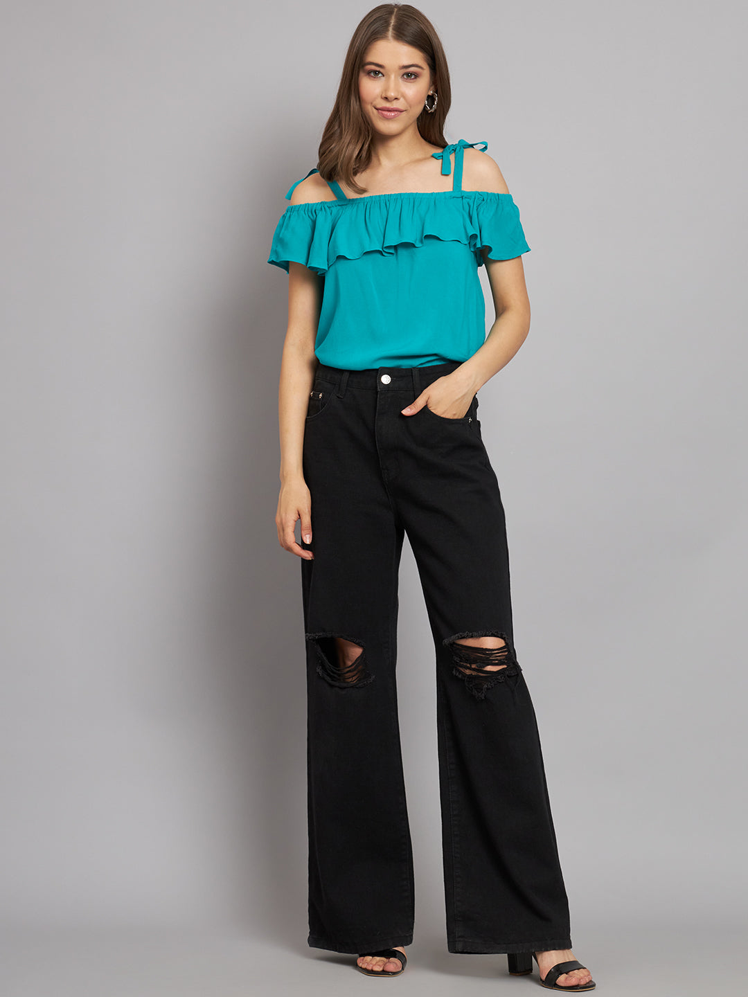 Viscose Open-Shoulder Solid Green Top