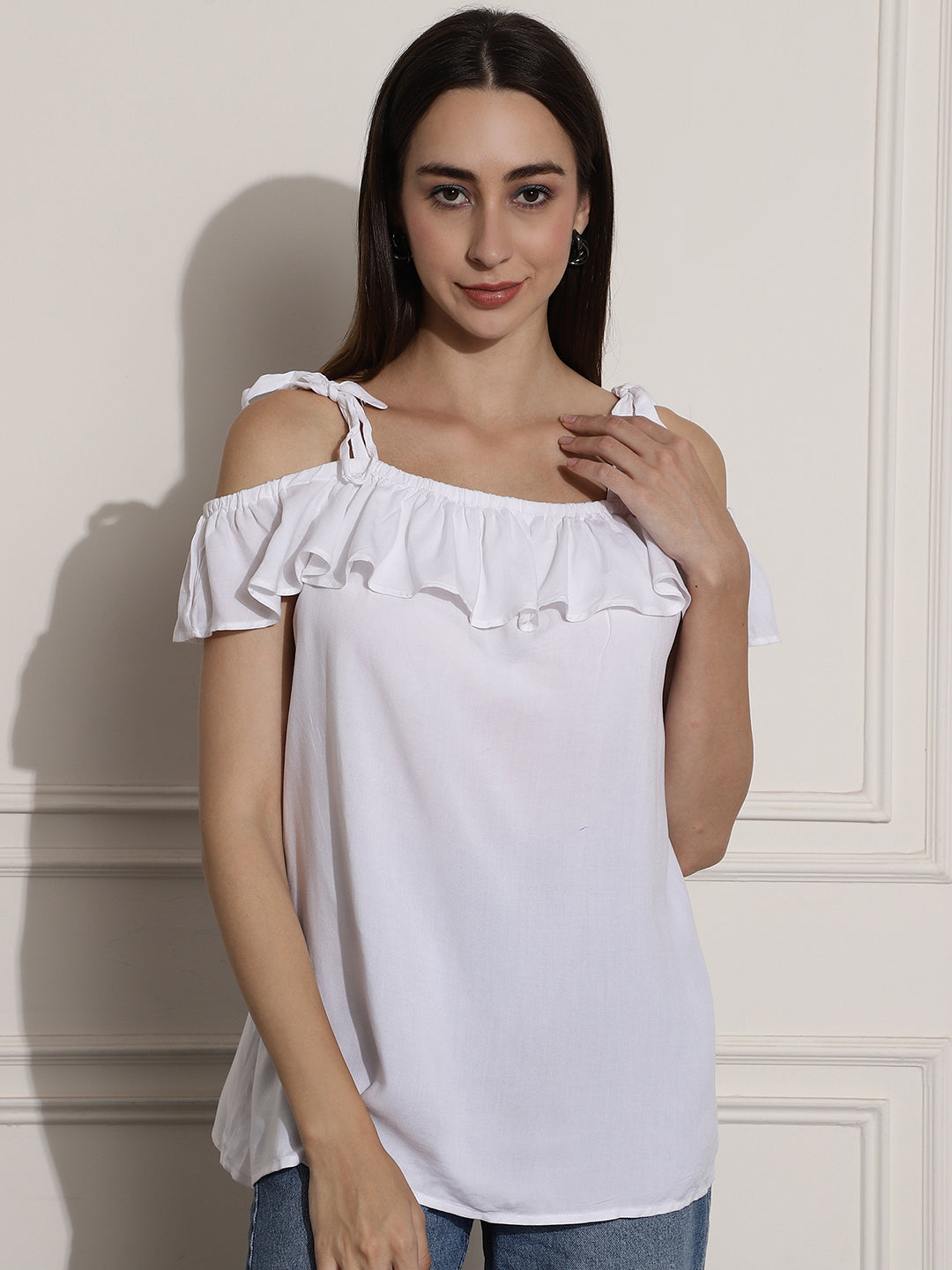 Viscose Open- Shoulder Solid White Top