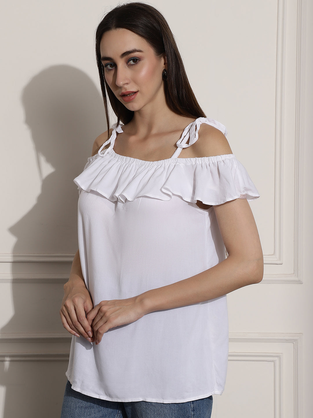 Viscose Open- Shoulder Solid White Top