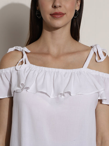 Viscose Open- Shoulder Solid White Top