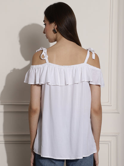 Viscose Open- Shoulder Solid White Top