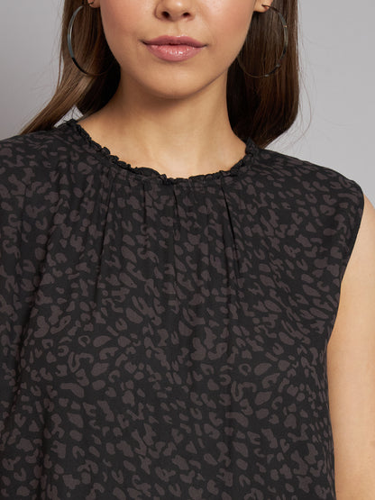 Shift Round Neck Printed Black Dress