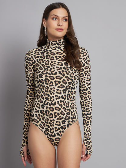 Polyester Animal Print Mock Neck Bodysuit