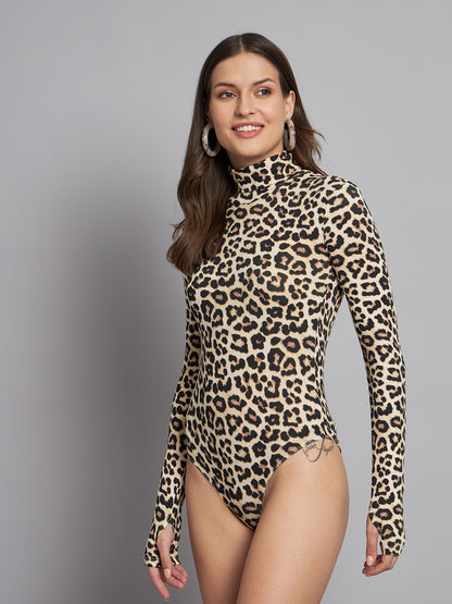 Polyester Animal Print Mock Neck Bodysuit