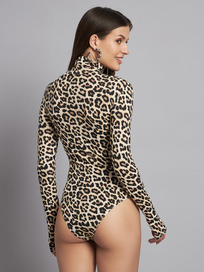 Polyester Animal Print Mock Neck Bodysuit