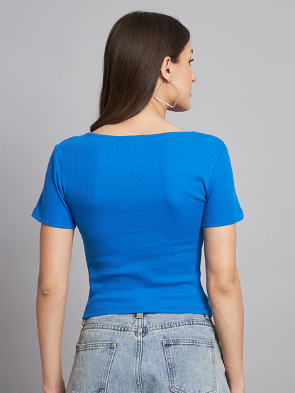 Ribbed Square Neck Blue Top