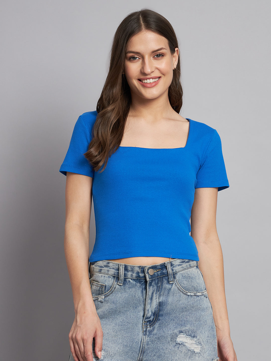 Ribbed Square Neck Blue Top