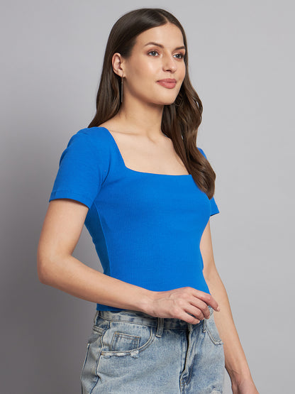 Ribbed Square Neck Blue Top