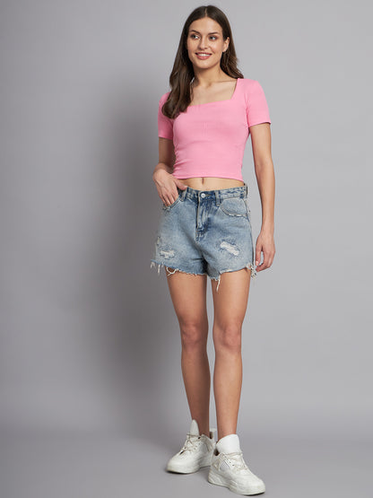 Ribbed Square Neck Pink Top