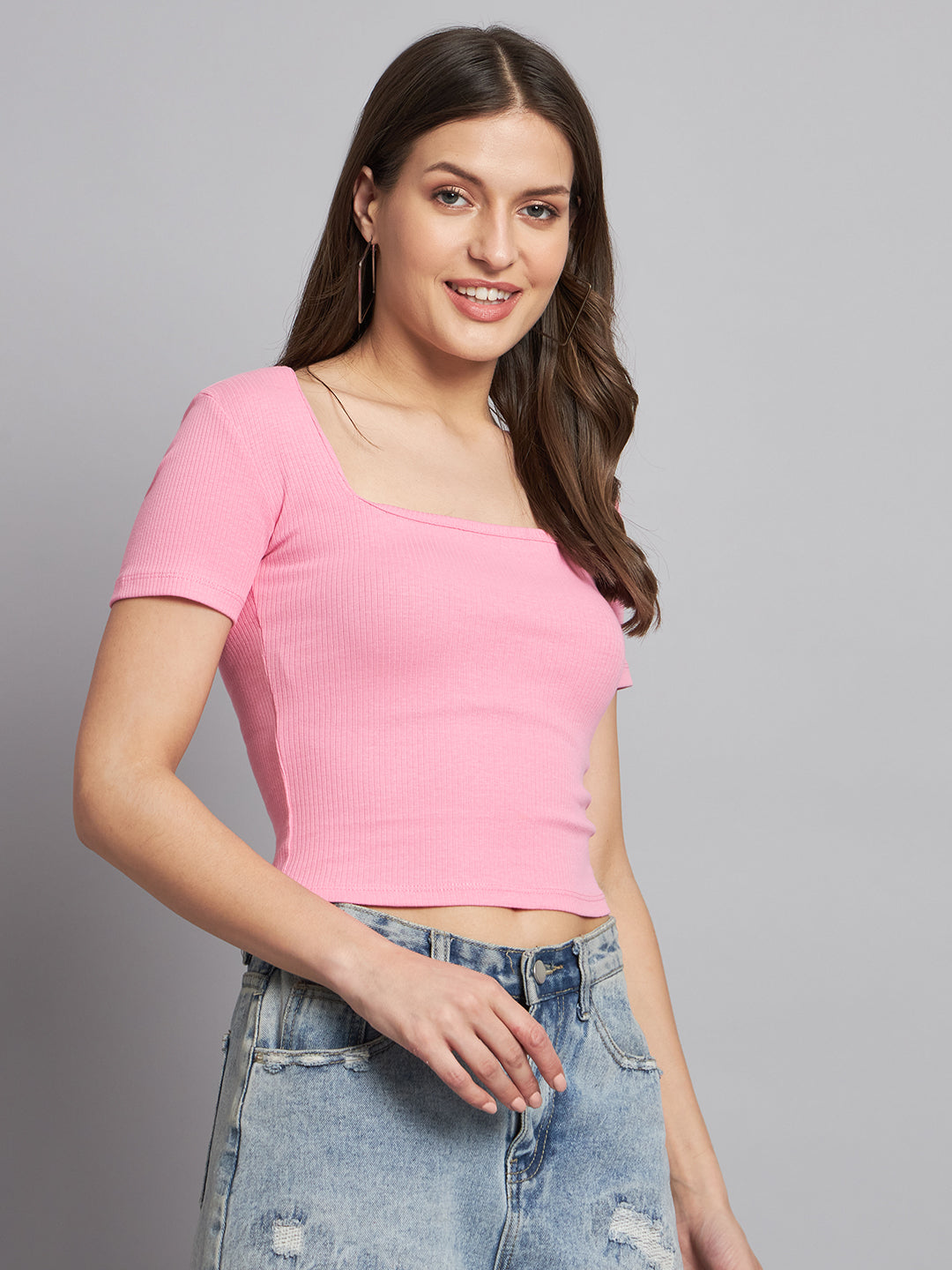 Ribbed Square Neck Pink Top