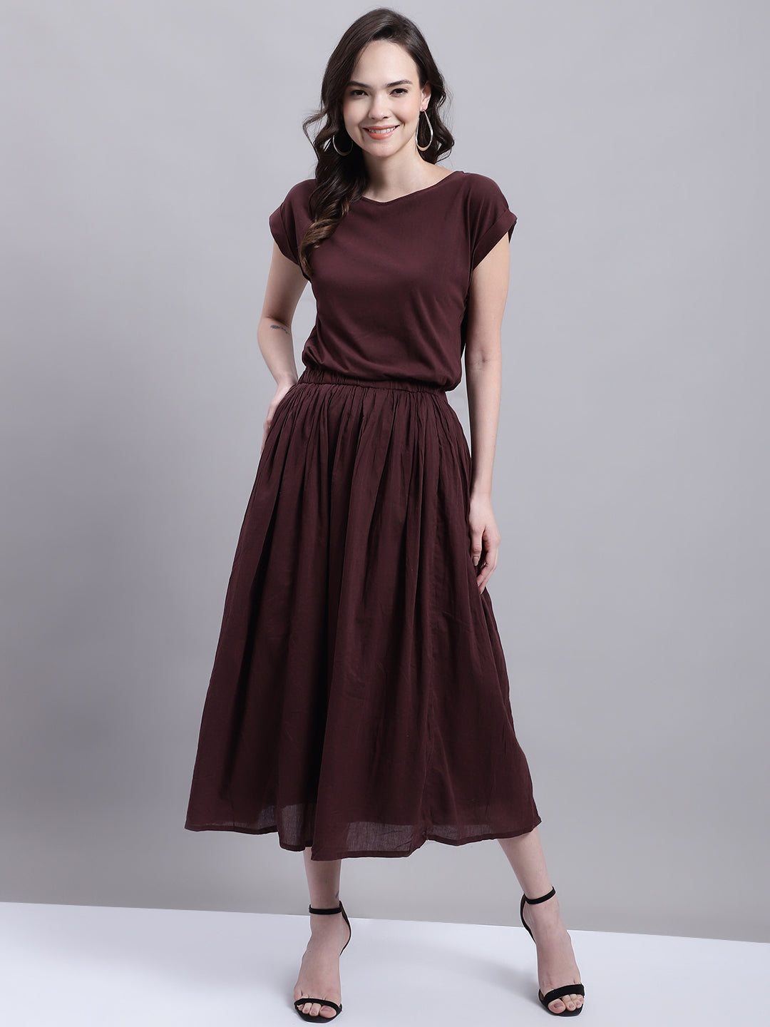 Cotton A-line Short Sleeve Brown Dress