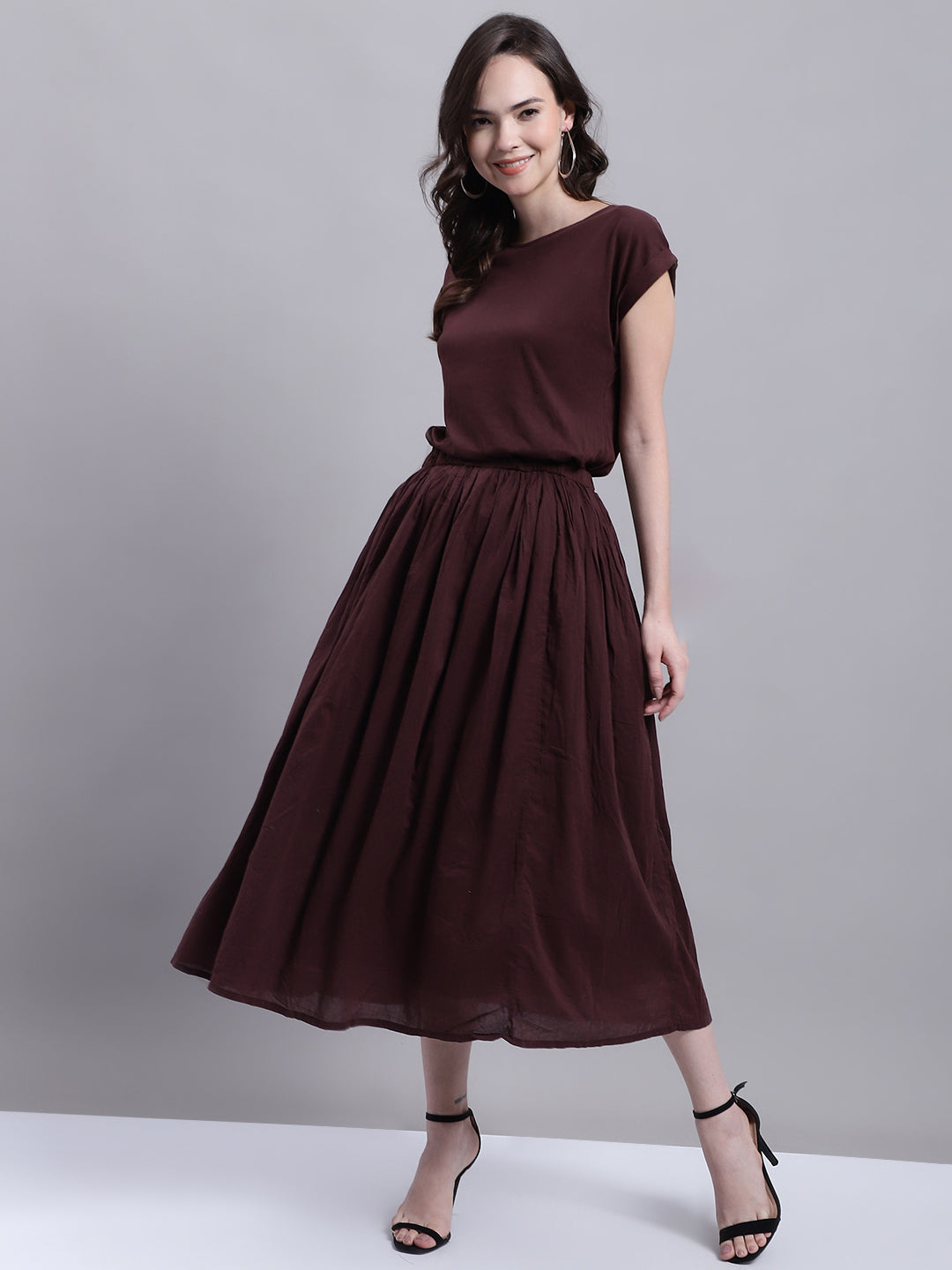 Cotton A-line Short Sleeve Brown Dress