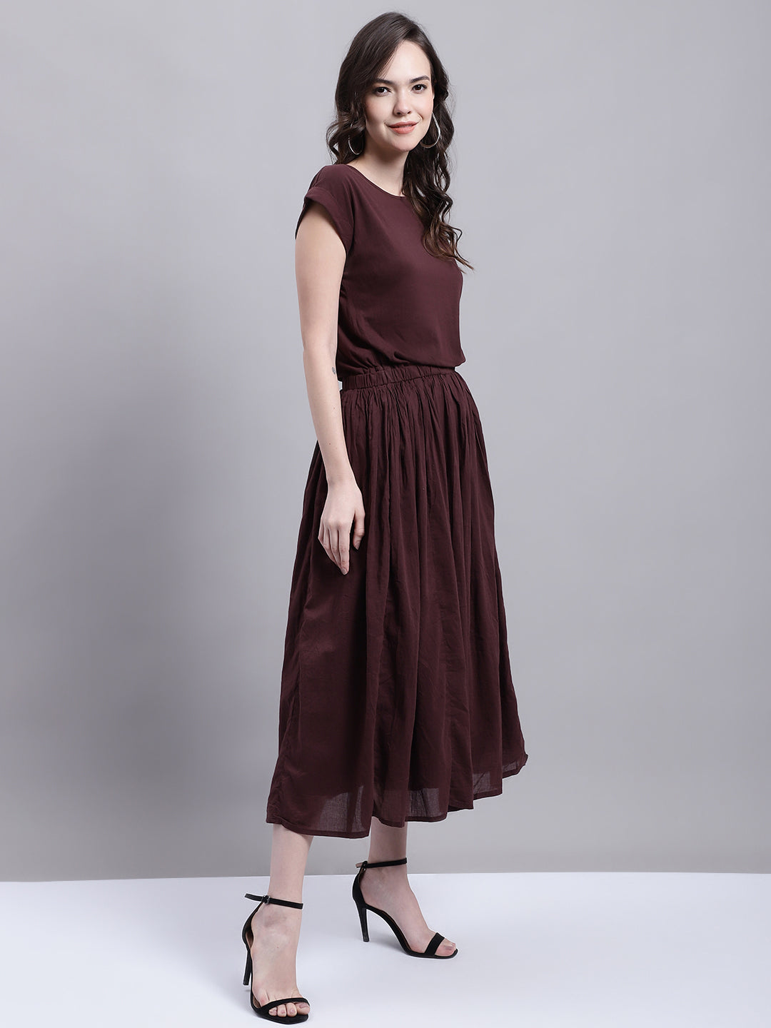 Cotton A-line Short Sleeve Brown Dress