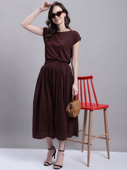 Cotton A-line Short Sleeve Brown Dress