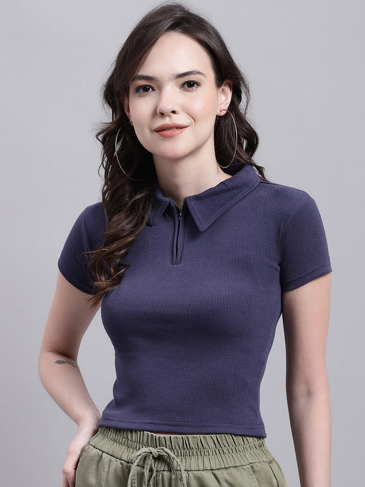 Cotton Polo Neck Dark Blue Top