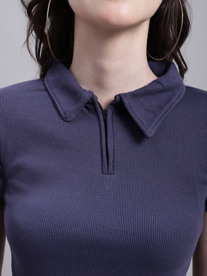 Cotton Polo Neck Dark Blue Top