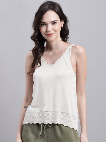 Viscose V-Neck Solid Summer Beige Top