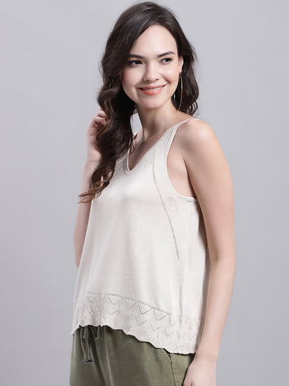 Viscose V-Neck Solid Summer Beige Top