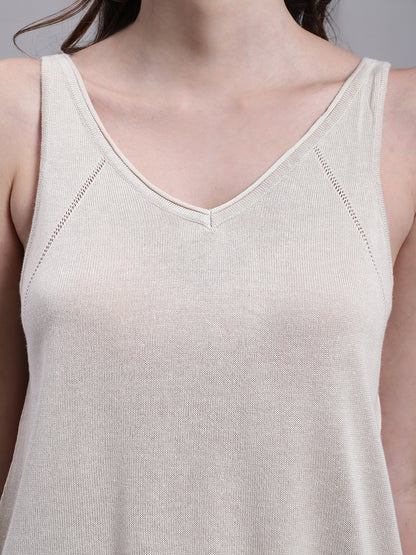 Viscose V-Neck Solid Summer Beige Top