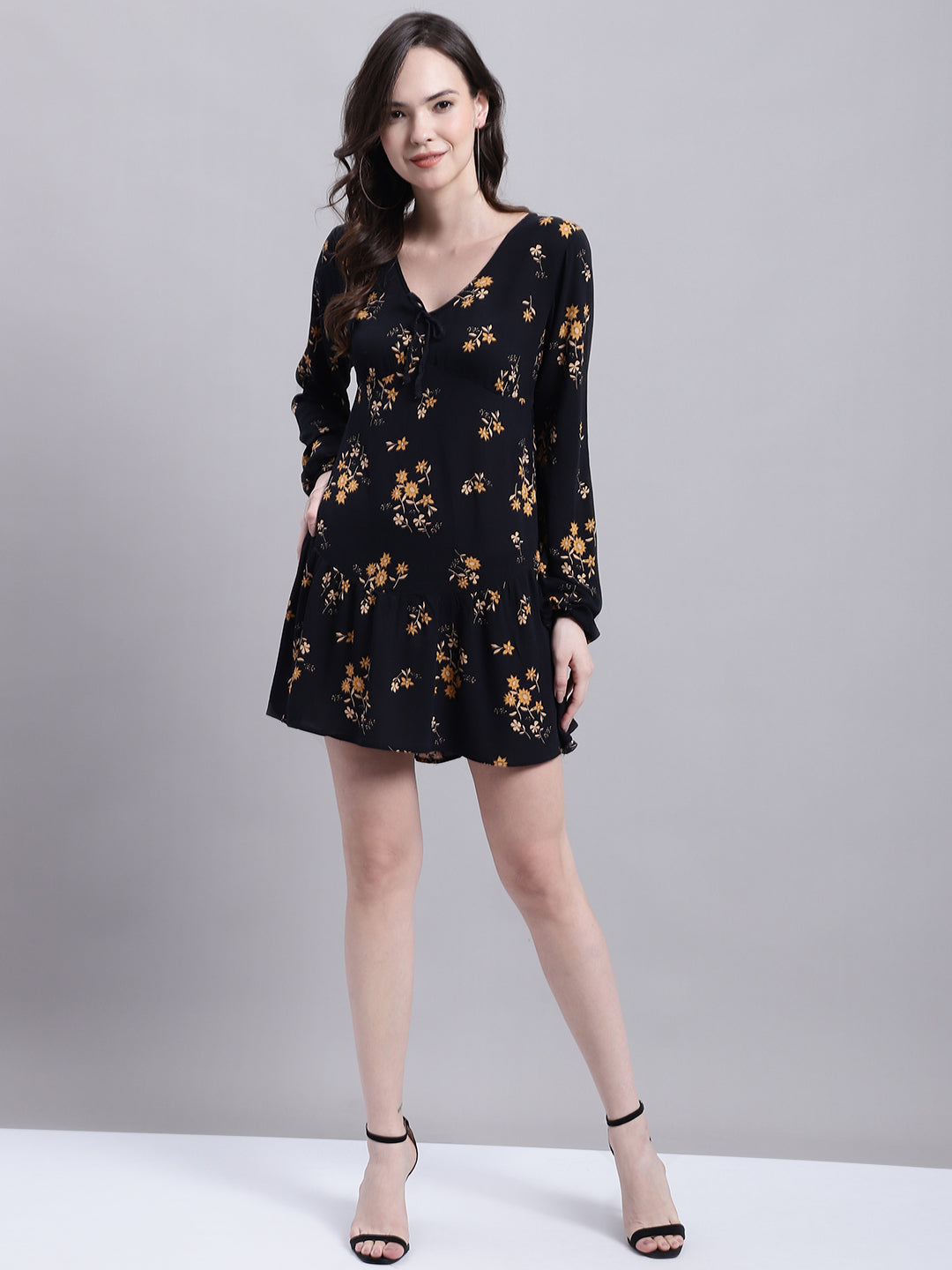 Rayon Skater V-Neck Flower Print Black Dress