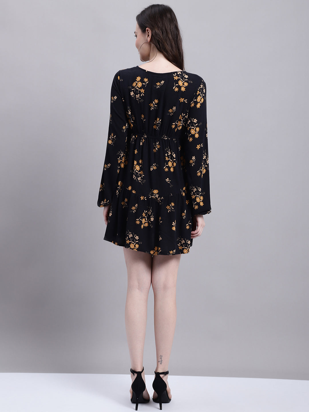 Rayon Skater V-Neck Flower Print Black Dress