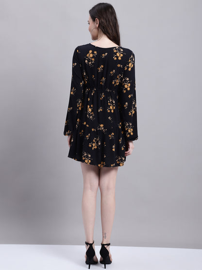 Rayon Skater V-Neck Flower Print Black Dress