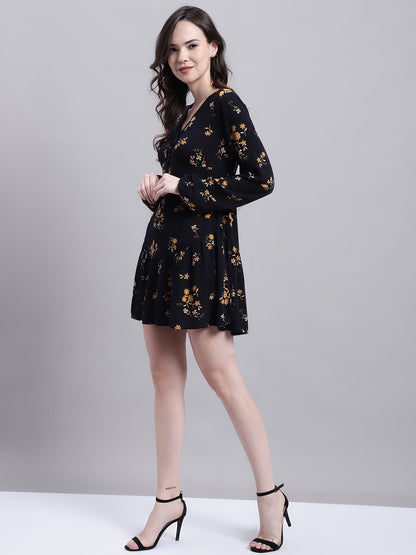 Rayon Skater V-Neck Flower Print Black Dress