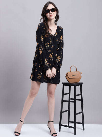 Rayon Skater V-Neck Flower Print Black Dress