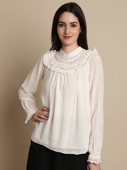 Regular Fit Cotton Lace Beige Top