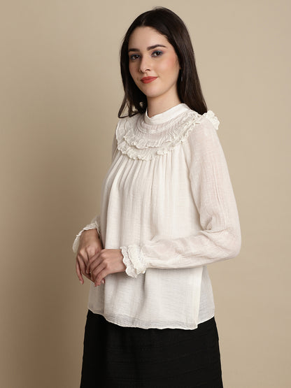 Regular Fit Cotton Lace Beige Top