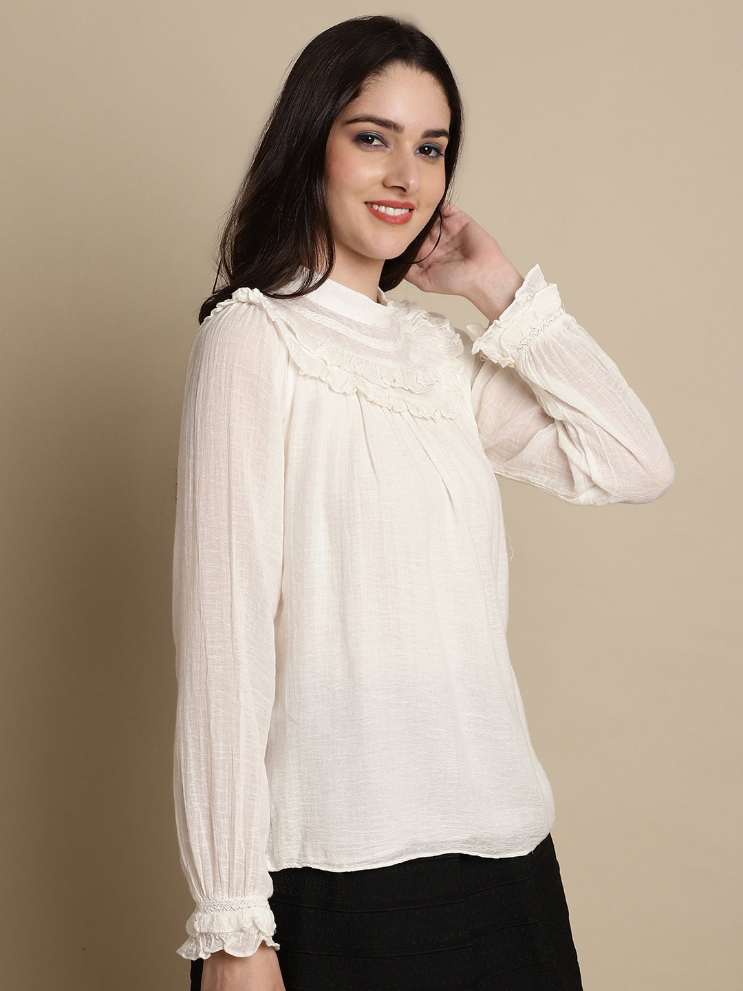 Regular Fit Cotton Lace Beige Top