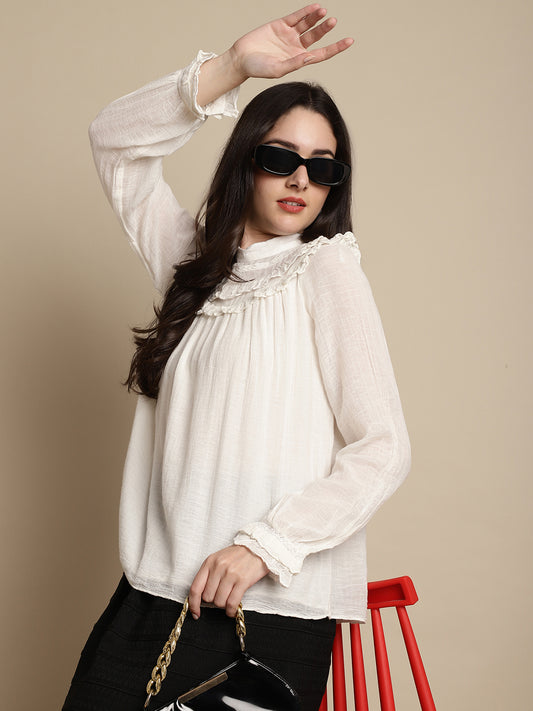 Regular Fit Cotton Lace Beige Top