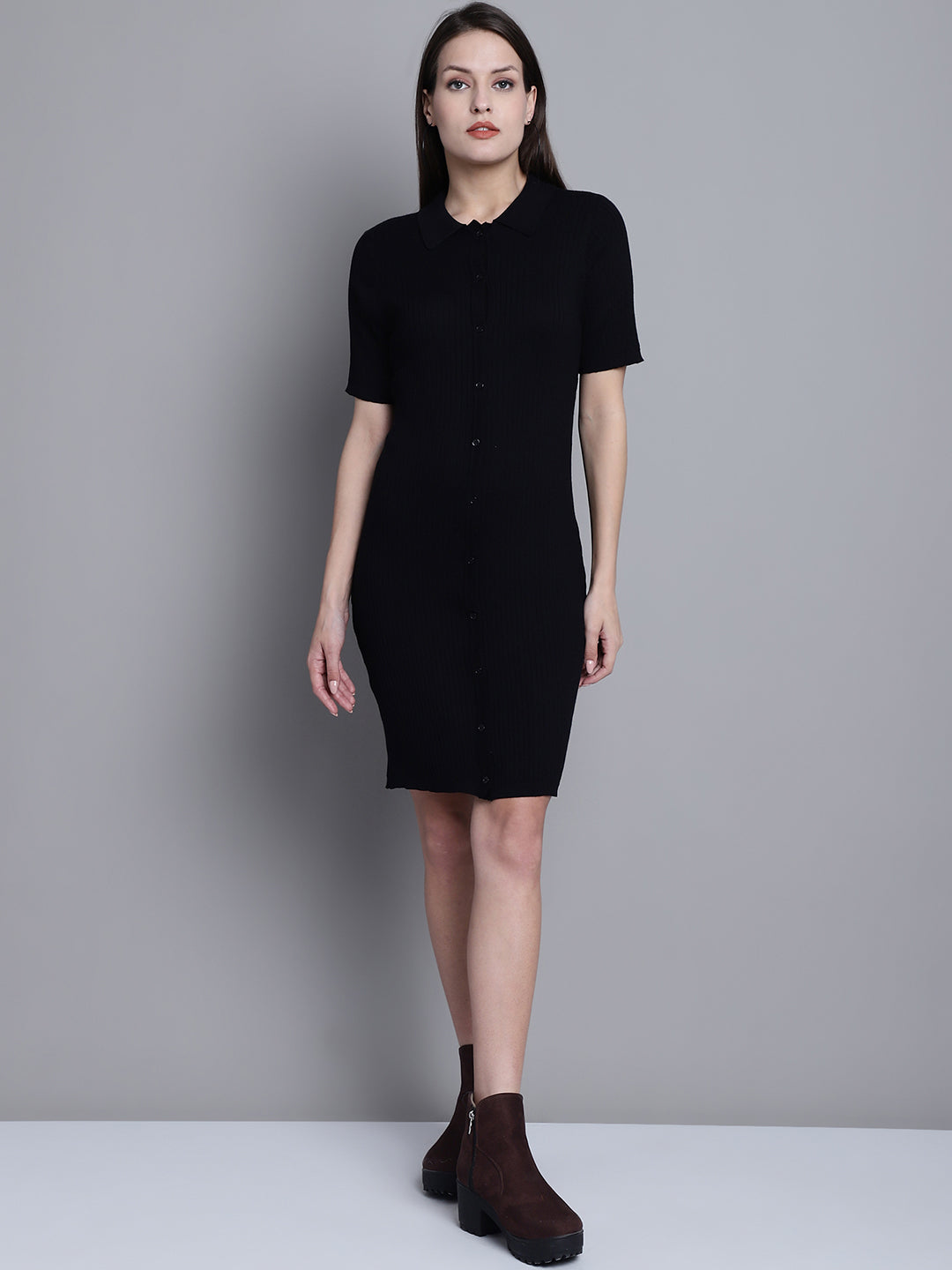 Viscose Half Sleeve Short Fitted Jersey Black Dress