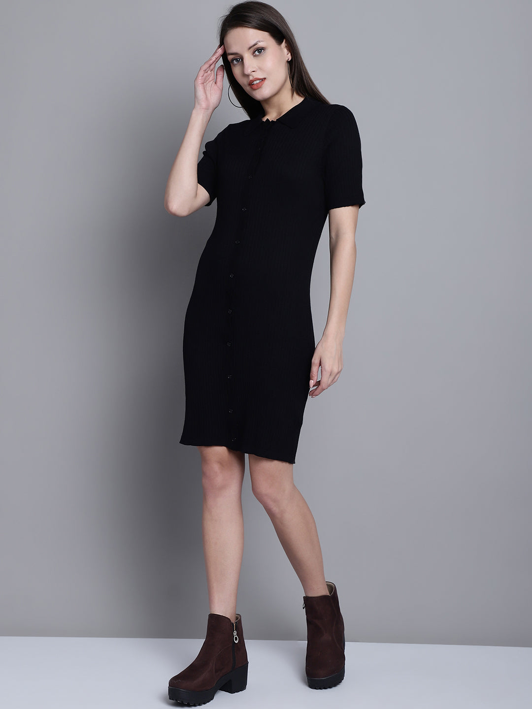 Viscose Half Sleeve Short Fitted Jersey Black Dress