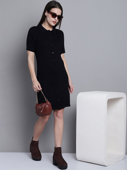 Viscose Half Sleeve Short Fitted Jersey Black Dress