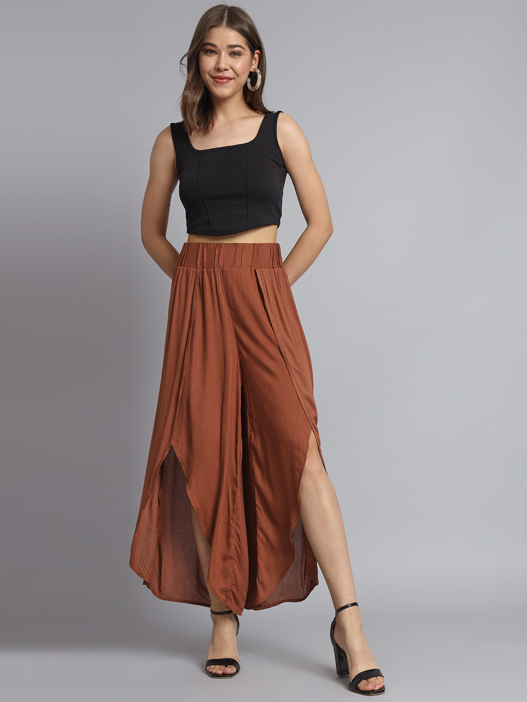 Side Slit Elastic waistband Brown Trouser