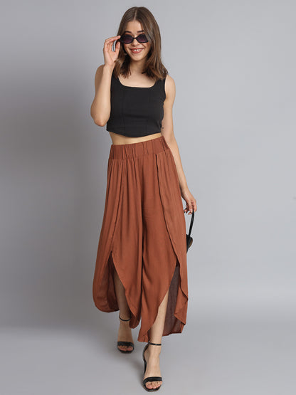 Side Slit Elastic waistband Brown Trouser