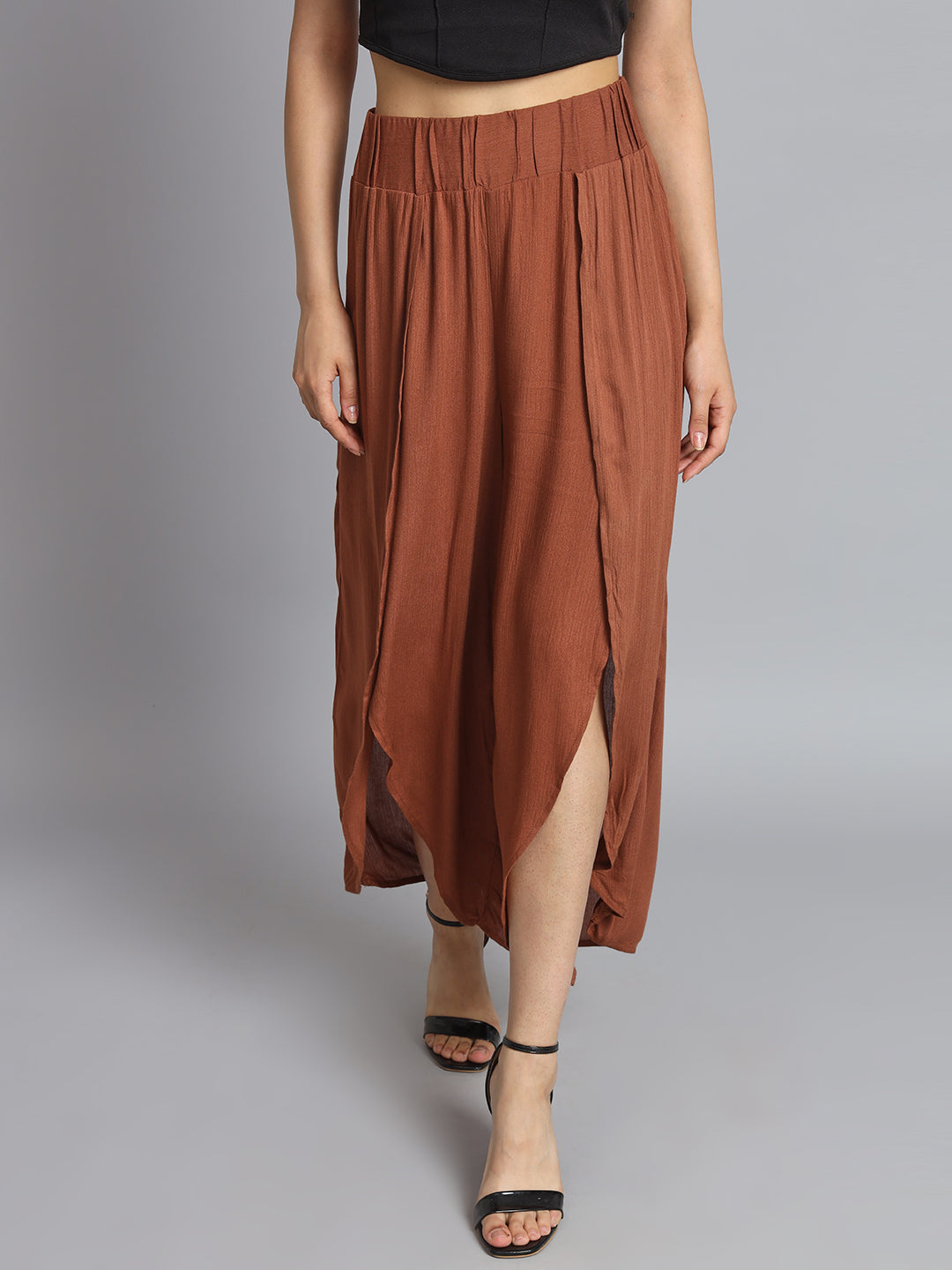 Side Slit Elastic waistband Brown Trouser